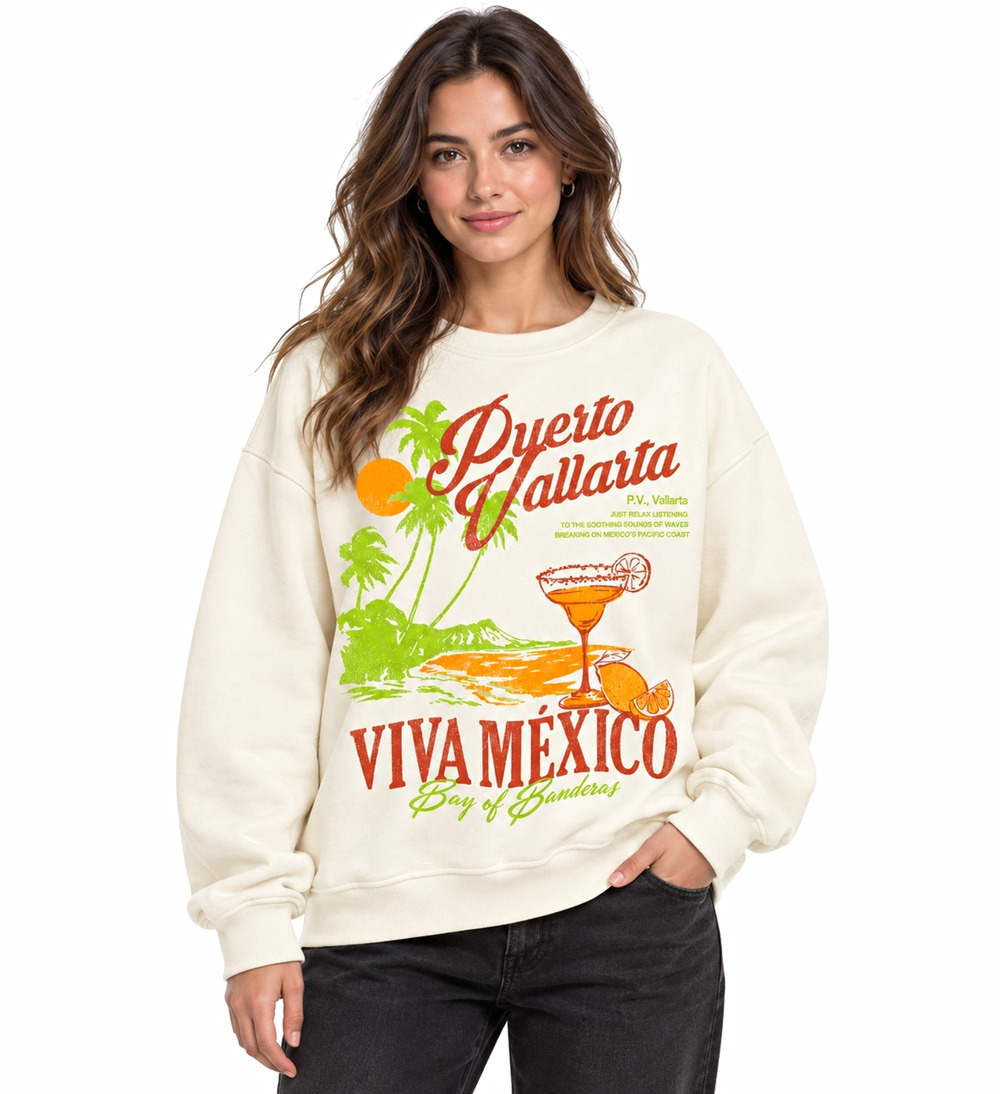 Women's Viva Mexico Graphic Print Crew Neck Pullover Sweatshirt Beige - Size XL